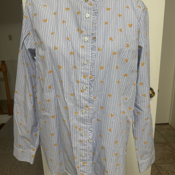 Talbots Heart & Stripe Ruffle Band Collar Cotton Poplin Button Down Top L - Picture 3 of 8